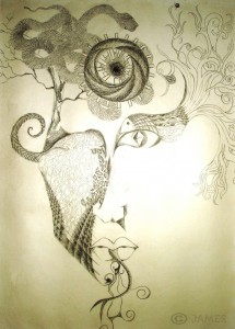 An abstract drawing of a face, intertwined with different textures, animals like a bird and a snake, and trees.