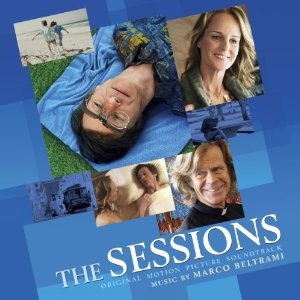 Poster for the movie "The Sessions". Rectangluar photos of different characters from the movie are arranged against a background of varying shades of blue rectangles. Source: Creative Commons