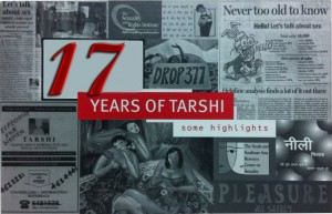 The text "17 Years of TARSHI some highlights" against a background of newspaper articles relating to sexuality. Source: TARSHI