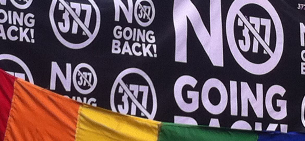 A poster that reads "No Going Back", with the word '377' crossed out. In front of it, there is rainbow-coloured Pride flag.