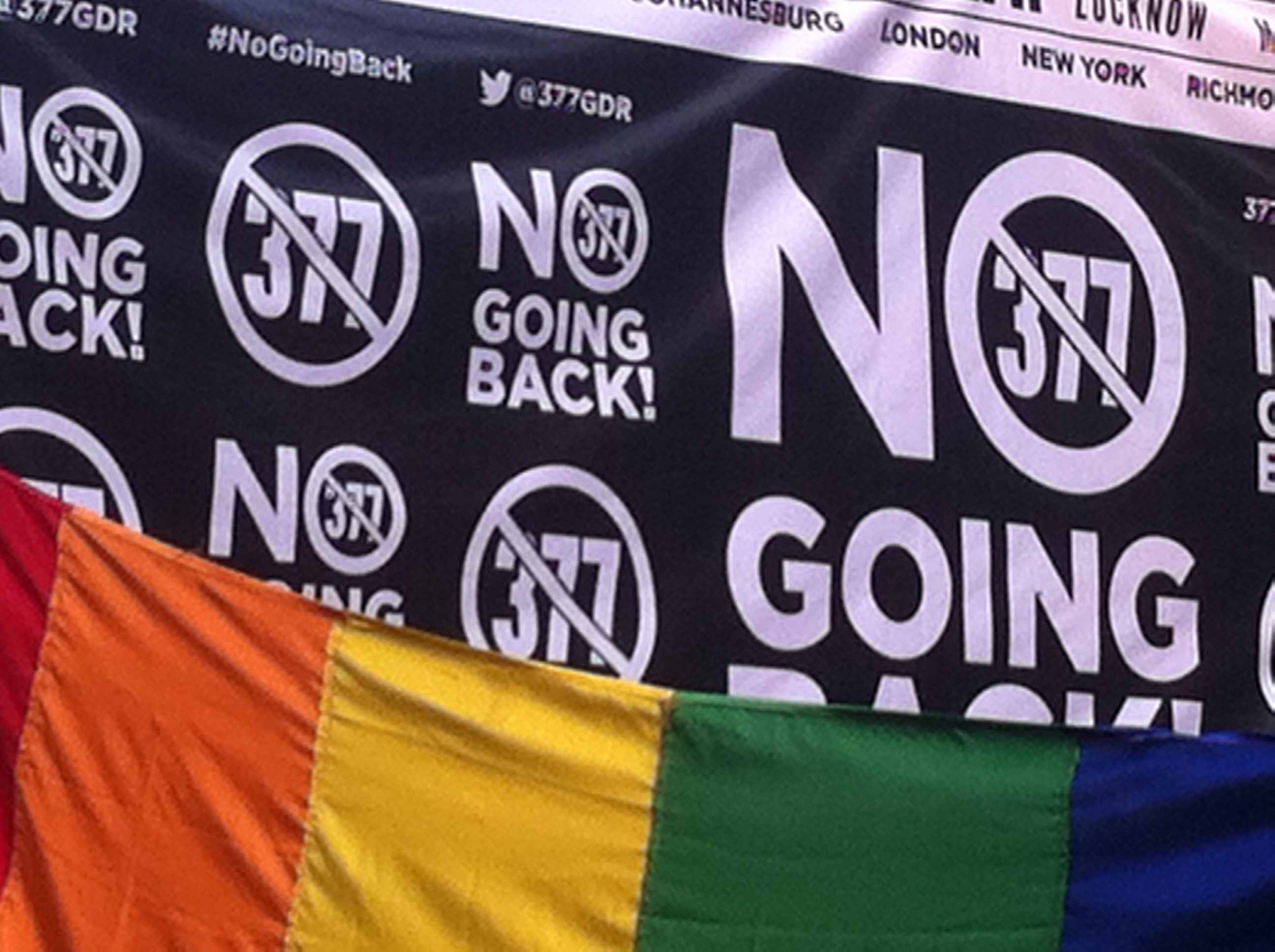 A poster that reads "No Going Back", with the word '377' crossed out. In front of it, there is rainbow-coloured Pride flag.