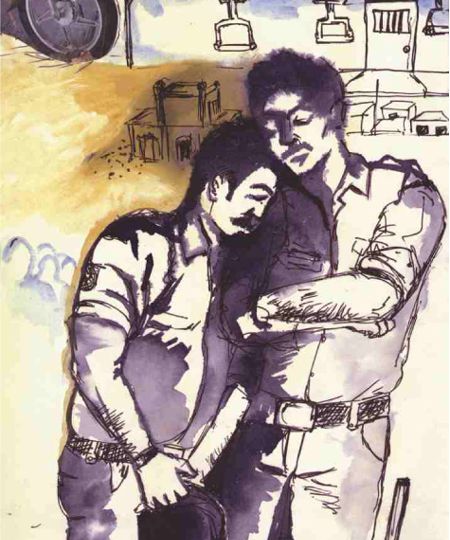 An illustrated sketch of two men leaning against each other intimately.