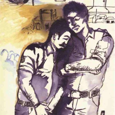 An illustrated sketch of two men leaning against each other intimately.