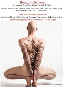 The back of an anonymous naked figure which is bald and has its body and hands tied. The text on the image is an invitation to attend the 'Bound to be Free' photo exhibition which was held on the 8th of November 2013.