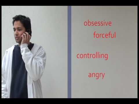 Picture of a man speaking on the phone, with the words 'obsessive', 'forceful', 'controlling' and 'angry' written beside him.