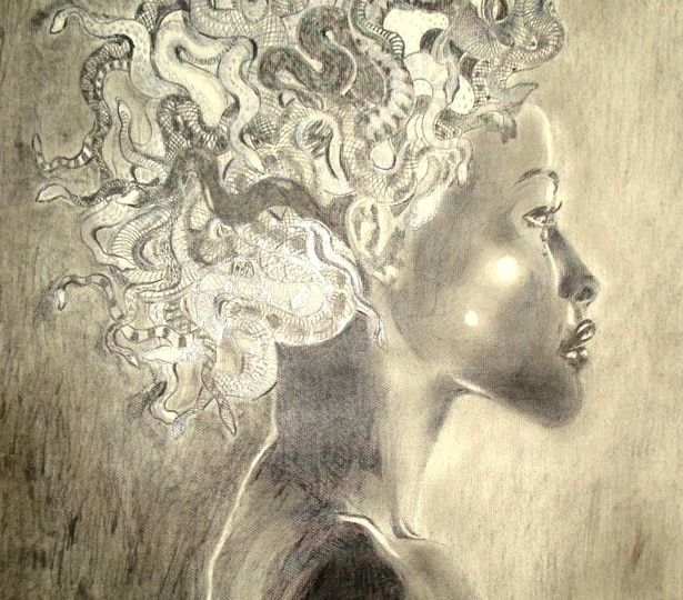 An illustration of a woman facing sideways with snakes in place of her hair.