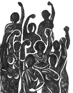 A black and white sketch of a group of women raising their fists in the air