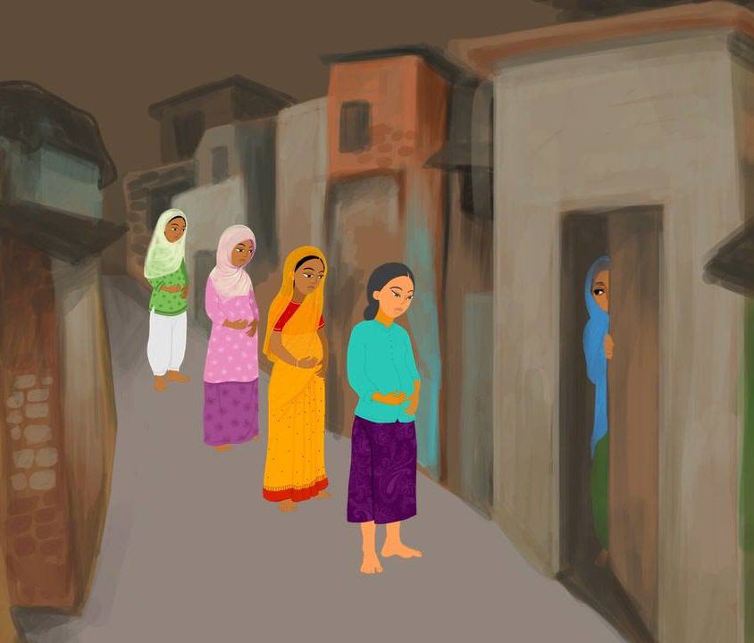 Illustration of a woman inside her house, door half-shut, while four more women of various ages stand outside.