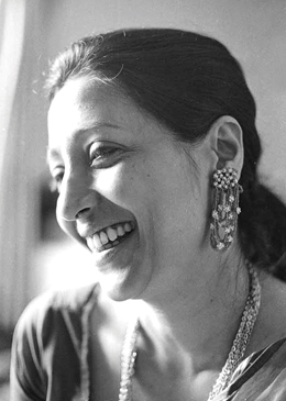Black and white photo of veteran actor Suchitra Sen where she is smiling