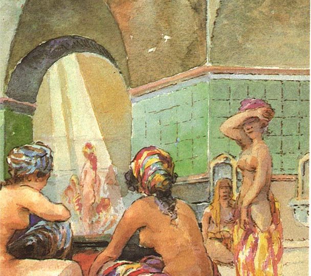 Illustration of a turkish bath, where a group of women are bathing naked