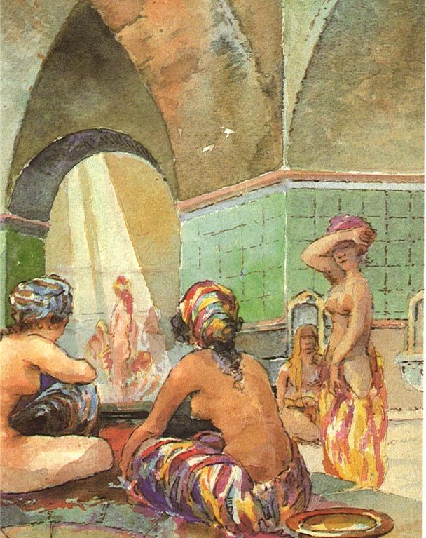 Illustration of a turkish bath, where a group of women are bathing naked