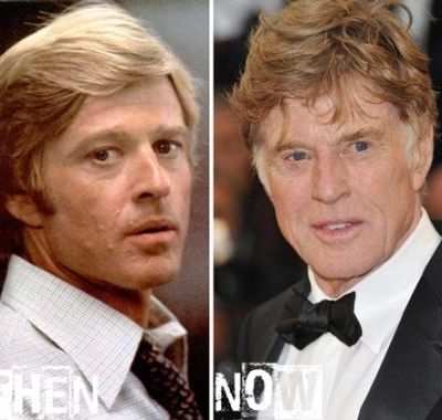 Two photos of veteran actor Robert Redford - one of his youth and one of him at present day - beside each other