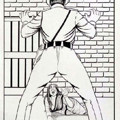 Illustration of a police official standing in a threatening pose and a woman lying on the floor looking terrified