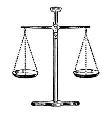 A black-and-white sketch of a pair of scales, signifying the law