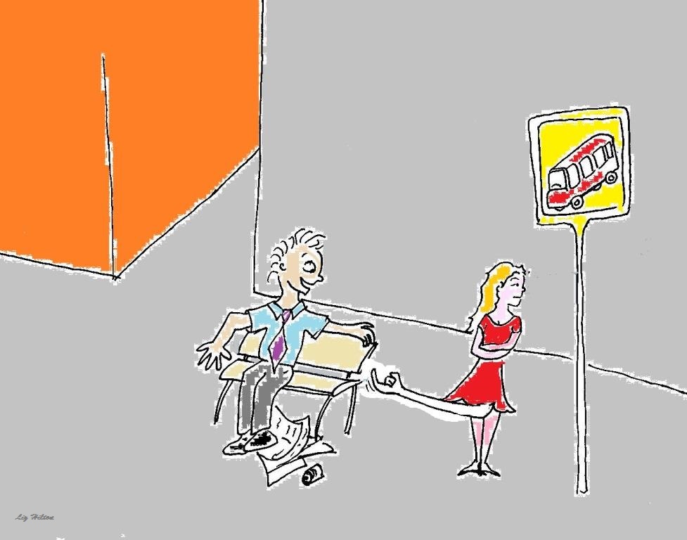 A cartoon showing a scene at a bus stop, where a man seated on a bench ogles a woman that is passing by, and the woman's genitals seem to show him the middle finger.
