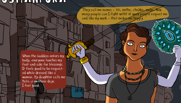 Illustration of a trans woman from the online comic 'Monaz Report', which is about a trans reporter