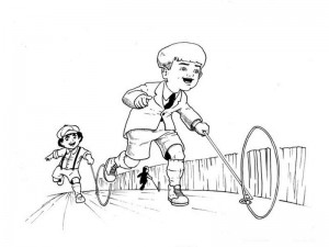 Black and white sketch of two little boys chasing each other and playing with a toy wheel