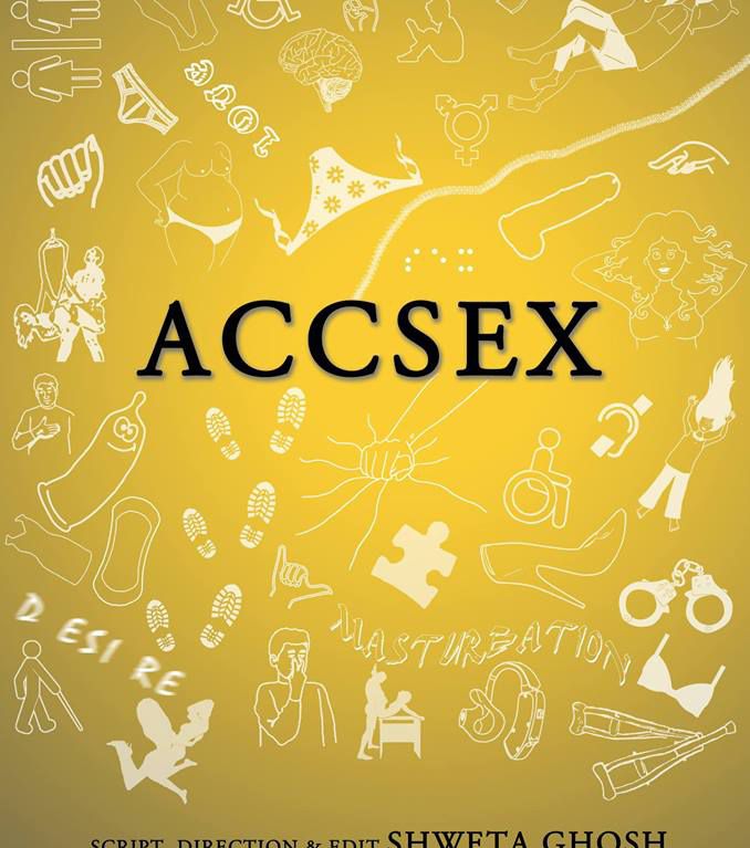 A poster of the movie 'Accsex', with a yellow background and white doodles on it. The names of the director and the cast is printed in dark letter towards the bottom.