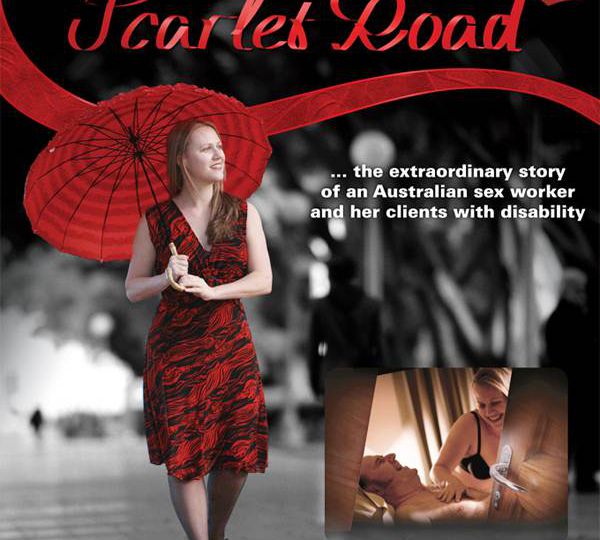 A woman dressed in a red and black dress is seen walking with a red umbrella. She is caucasian and has blonde hair and is looking off into the distance contemplatively. Beside, there is a small polaroid image of the same woman woman lying in bed with an older man. The name of the movie, 'Scarlet Road', is written on top.