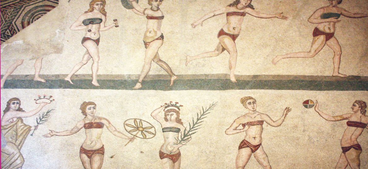 An illustration showing a series of women playing ancient versions of various sports
