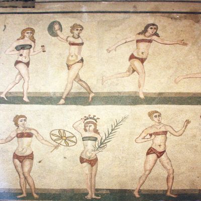 An illustration showing a series of women playing ancient versions of various sports