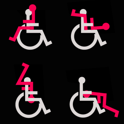 Against a black background, there are small white and red stick figures showing various sex positions wheelchair-bound people can practice