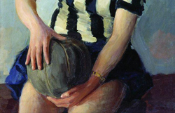 artowrk showing a woman in a jersey and a skirt holding a ball close to her vaginal area