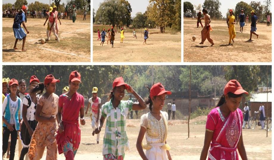 A series of 4 pictures - all of them showing a bunch of young girls engaged in playing sports. They are dressed in different kinds of brightly coloured cothes and they each wear a red cap