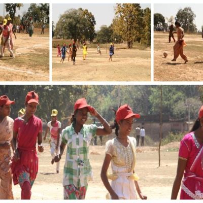 A series of 4 pictures - all of them showing a bunch of young girls engaged in playing sports. They are dressed in different kinds of brightly coloured cothes and they each wear a red cap