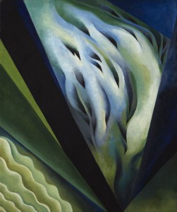 An abstract painting of various shades of green and blue