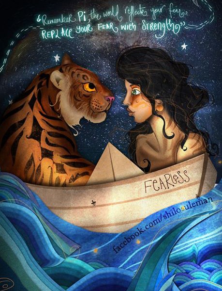 An illustration of a boy facing a tiger, while they're both on a boat, with a quote from Life of Pi written above.