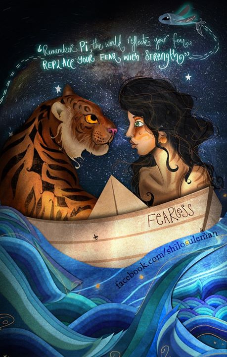 An illustration of a boy facing a tiger, while they're both on a boat, with a quote from Life of Pi written above.