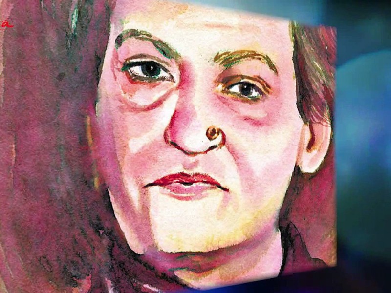 Still from the documentary. It shows a coloured face portrait of Begum Akhtar.