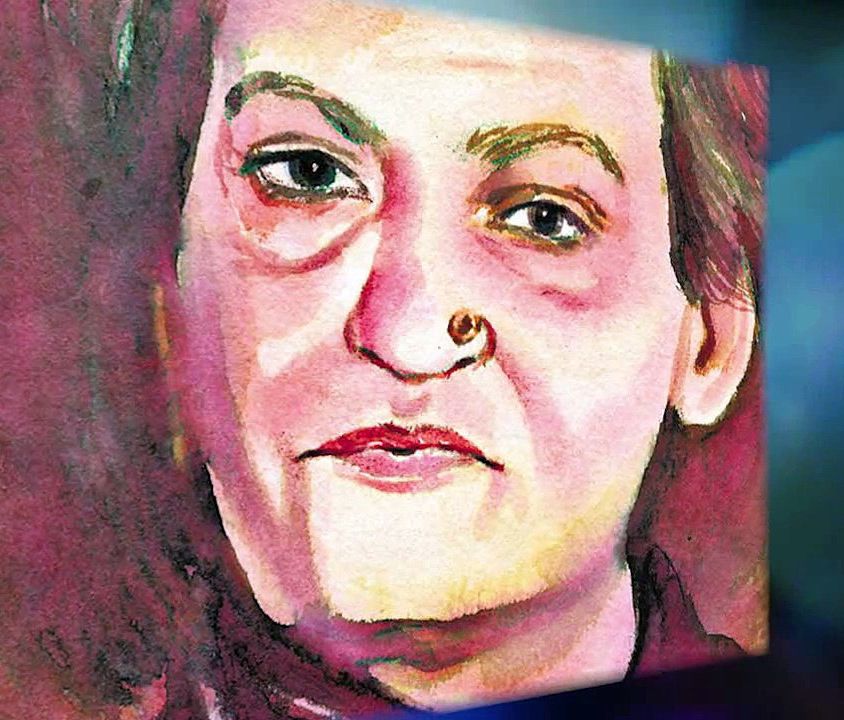 Still from the documentary. It shows a coloured face portrait of Begum Akhtar.