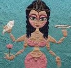 An animated figure of Sita, with big kajal-laden eyes, wearing a crown, pink lehnga, and having four hands. She holds a shell, a lotus, and a sudarshan chakra in three hands. The background is watery green.