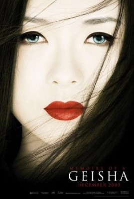 Poster of the film "Memoirs of Geisha". It focuses on face of a fair South Asian woman with straight hair, blue eyes, wearing red lipstick.