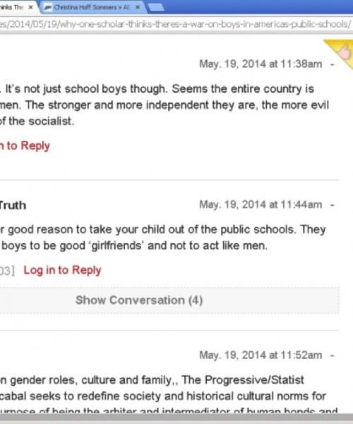 Screenshot of an online forum discussing socialists "training boys to be good girlfriends and not to act like men."