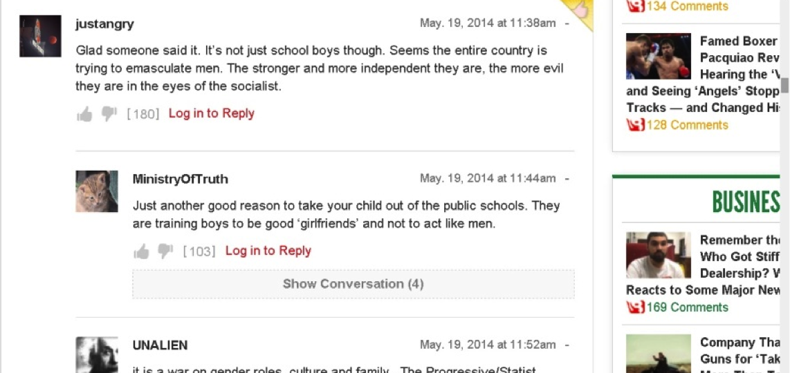 Screenshot of an online forum discussing socialists "training boys to be good girlfriends and not to act like men."