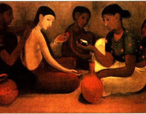 Painting of women sitting on the ground cross legged. One is rubbing the back of another. They are all looking solemn.