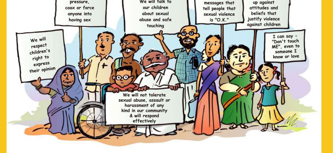 A cartoon sketch showing a community of people belonging to various ages and genders - two women in sarees, one girl child, one male child sitting in a wheelchair, and four adult men - holding up placards with various solgans about child protection