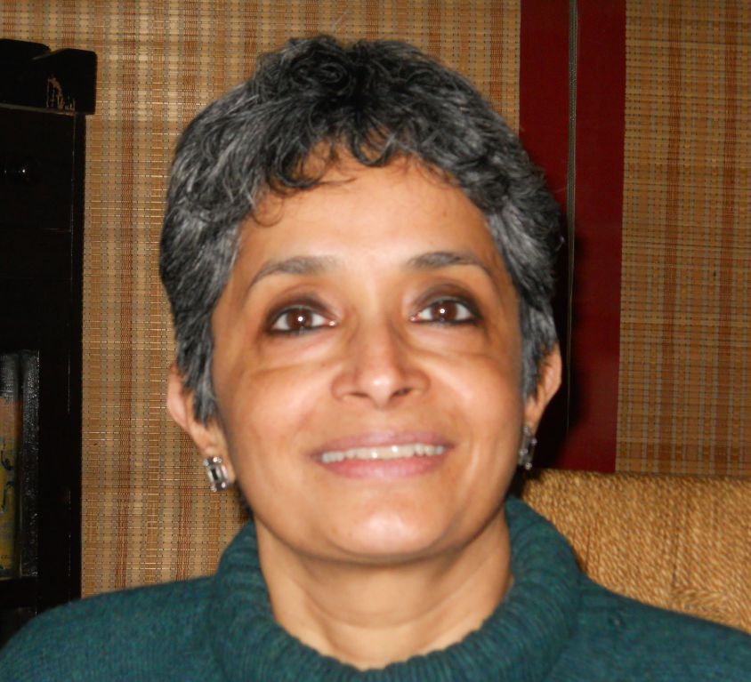 Nivedita Menon, wearing a green turtle-neck sweater, sitting on a chair, smiling.