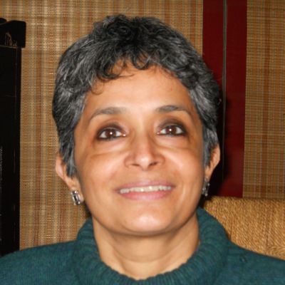 Nivedita Menon, wearing a green turtle-neck sweater, sitting on a chair, smiling.