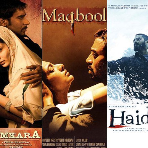 Collage of posters of three films - Omkara, Maqbool and Haider. The first poster shows a man and woman embracing, the second shows a man intimately caressing the head of a woman and the thirs shows a man holding up a human skull