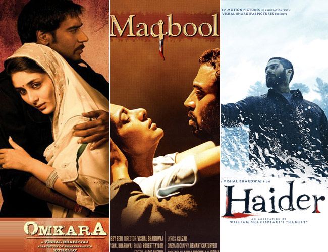 Collage of posters of three films - Omkara, Maqbool and Haider. The first poster shows a man and woman embracing, the second shows a man intimately caressing the head of a woman and the thirs shows a man holding up a human skull