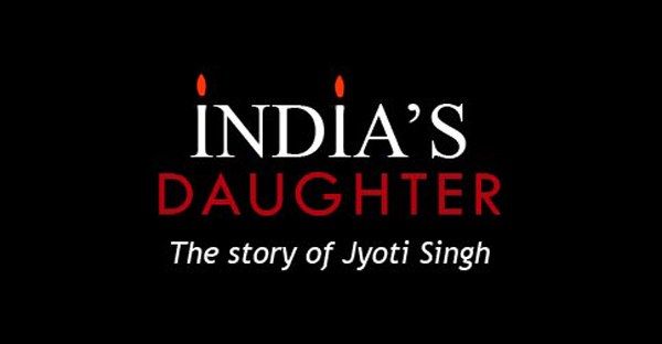 Poster of a documentary. On a black background is written, "India's Daughter - The Story of Jyoti Singh", with "Daughter" in red and everything else in white. The tittle of two i's in IndIa are flames, making the I's look like candles.