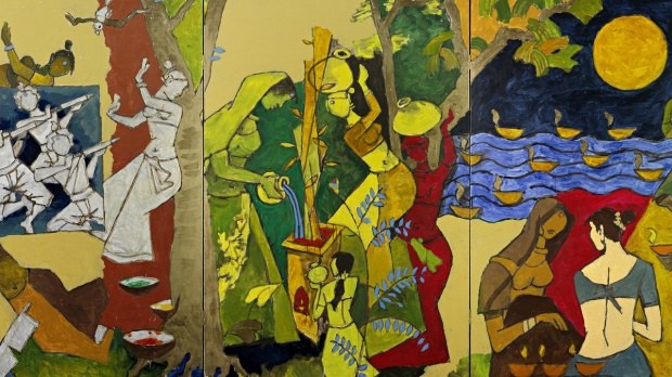 Painting of women - some playing Holi, some dancing, some carrying pitchers of water on their head, others watering tulsi, and other two conversing.