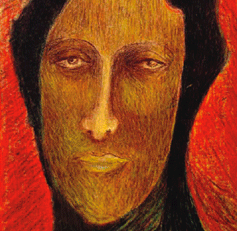 Painting of a face with no emotions. It has brown skin, black hair, the background colour is red.