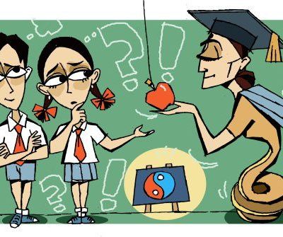 Comic panel. A school teacher offering an apple to a girl and a boy student, while both of them look at it skeptically.