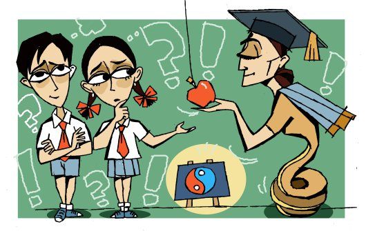 Comic panel. A school teacher offering an apple to a girl and a boy student, while both of them look at it skeptically.