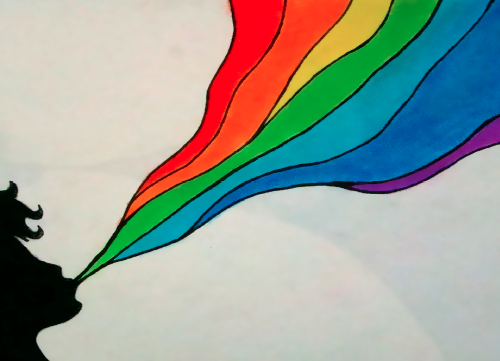 Silhouette of the head of a figure emitting the colours of the rainbow flag